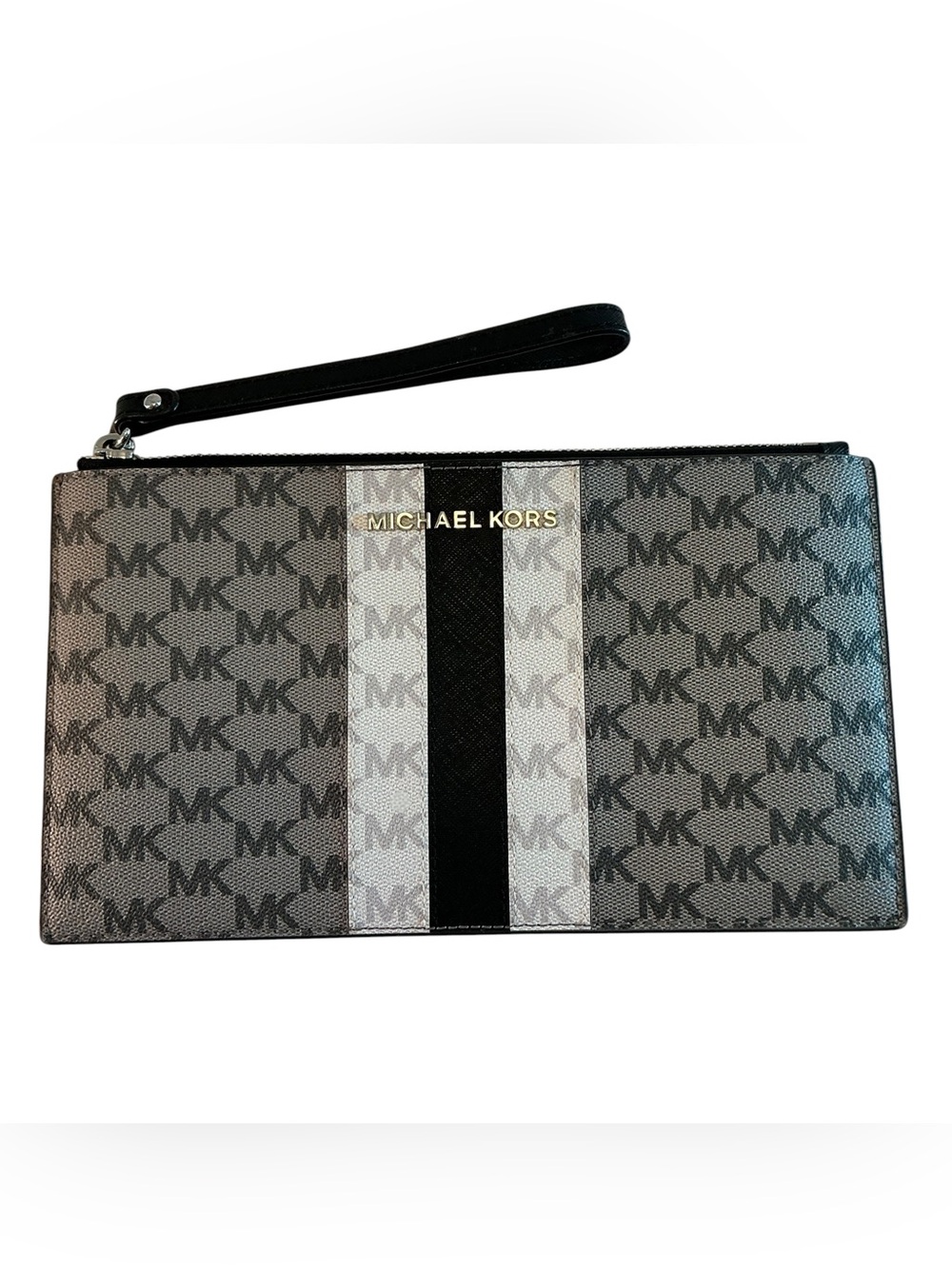 Michael Kors Center Stripe Large Zip Clutch Wristlet Logo Pearl Gray Black/White